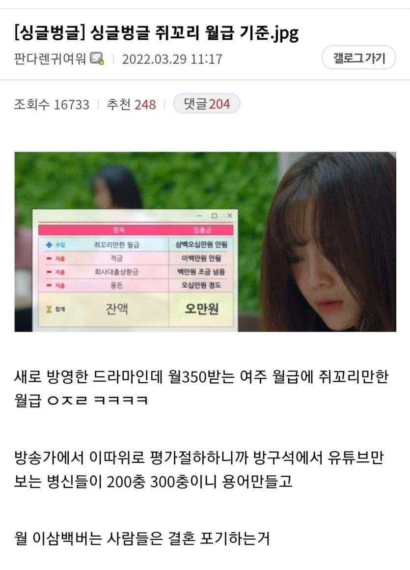 싱글벙글 쥐꼬리 월급 기준